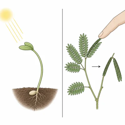 One plant bends toward light while another folds its leaves after touch.