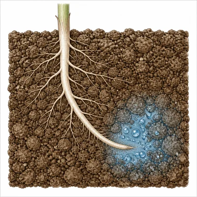 A root curves through soil toward a moist patch with water droplets.