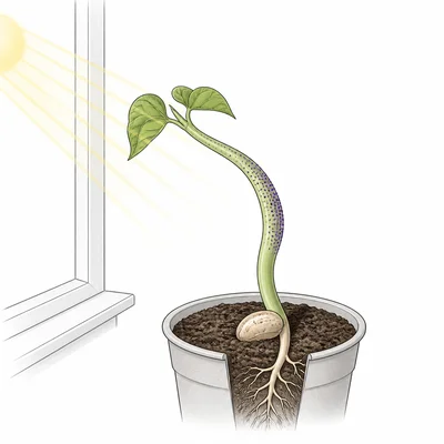 A bean seedling bends toward light coming from a window, with dots on the shaded side of the stem.