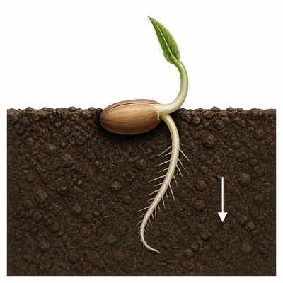 A sideways germinating seed has a root curving downward and a shoot curving upward.