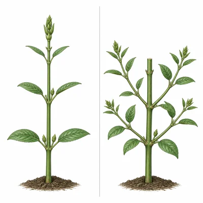 An intact plant has small side buds, while a plant with the top bud removed has larger side branches.