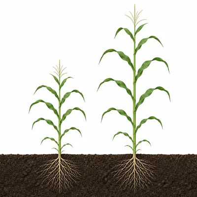 Two similar plants are shown, with one much taller because its stem sections are elongated.