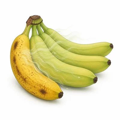 A ripe banana releases invisible gas waves toward nearby unripe bananas.