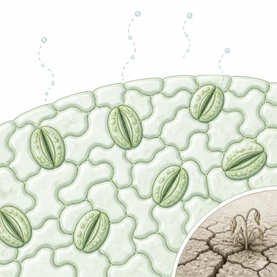 A close-up leaf surface shows stomata mostly closed during dry conditions.