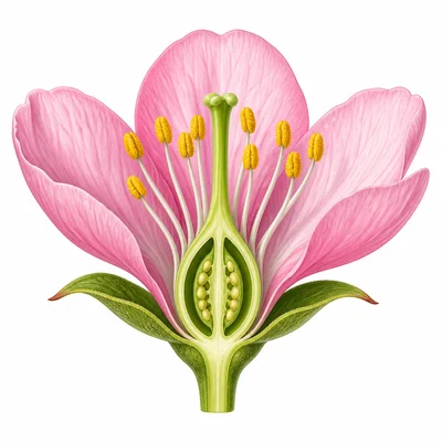 Cutaway flower showing petals, sepals, stamens, and pistil.