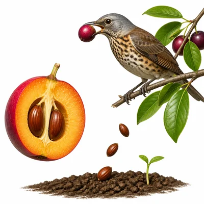 Fruit with seeds and a bird helping spread seeds.