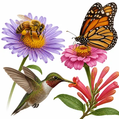Bee, butterfly, and bird visiting flowers as pollinators.