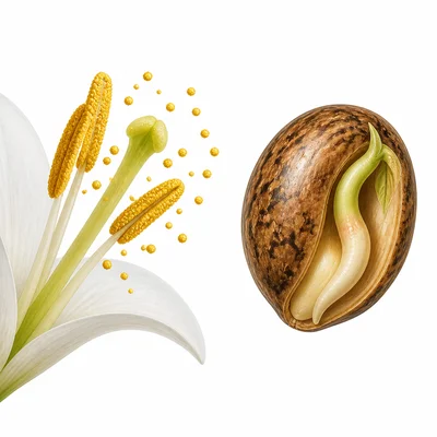 Pollen grains shown beside a larger seed.