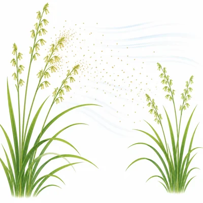 Wind carrying pollen between small green flowers.