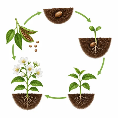 Life cycle of a flowering plant from seed to new seeds.