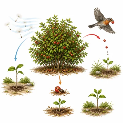 Seeds spreading away from a parent plant to grow in new spaces.