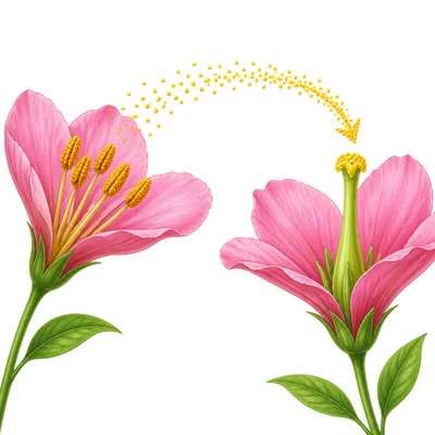 Pollen moving from one flower to another flower's pistil.