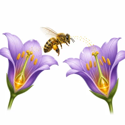 A bee carries pollen from one flower to another.