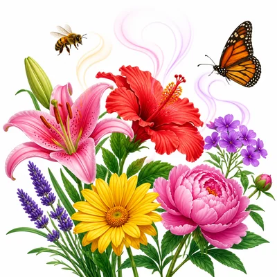 Bright scented flowers attracting a bee and butterfly.