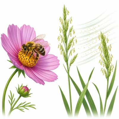Bee pollination and wind pollination shown side by side.