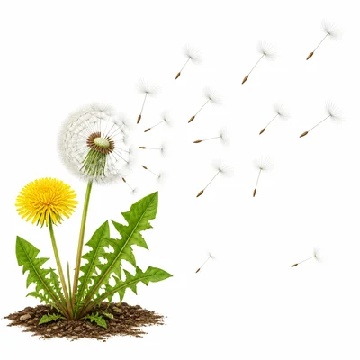 Fluffy seeds floating away from a parent plant.
