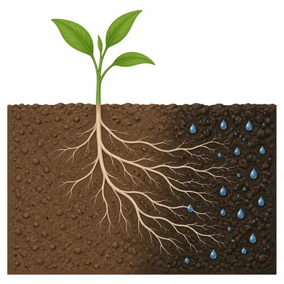 Plant roots curve through soil toward a wetter area with water droplets.