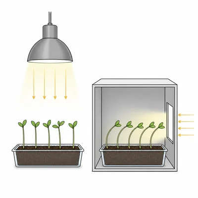 Seedlings in different light setups show bending toward side light for a phototropism experiment.