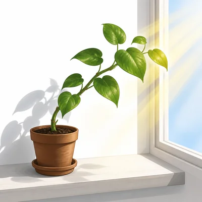 A potted houseplant bends toward sunlight coming through a window.