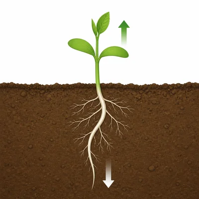A seedling has roots growing downward into soil and a shoot growing upward.