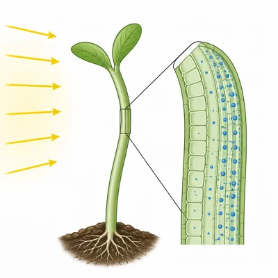 A plant stem bends toward side light while more hormone dots and longer cells appear on the shaded side.