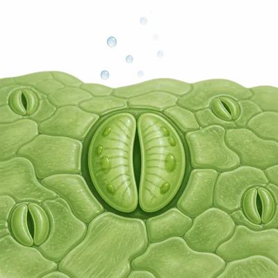 A close-up of leaf stomata shows guard cells closing a tiny opening.