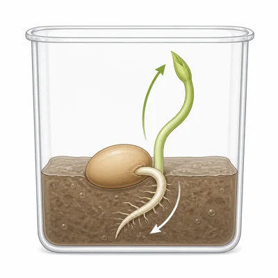 A sideways germinating seed has a root curving downward and a shoot curving upward.