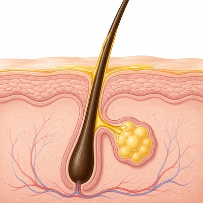 Oil gland releasing oil onto a hair shaft and skin surface.