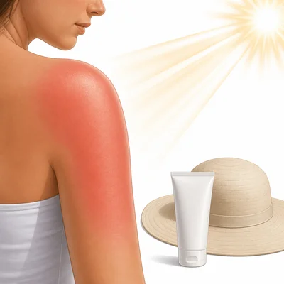 Sunlight causing red sunburned skin with sunscreen and hat nearby.