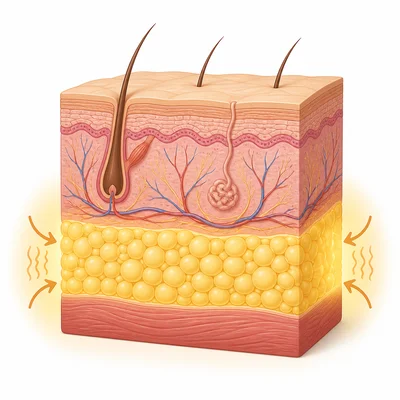 Hypodermis layer of fat cells cushioning and insulating beneath the skin.