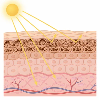Melanin pigment in skin cells helping block sunlight rays.