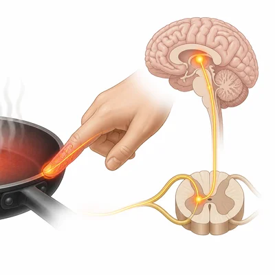 Nerve endings in the skin detecting heat from a hot pan.