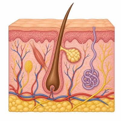 Unlabeled skin diagram showing hair follicle, glands, blood vessels, and nerves.