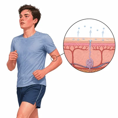 Sweating and widened skin blood vessels helping cool the body during exercise.