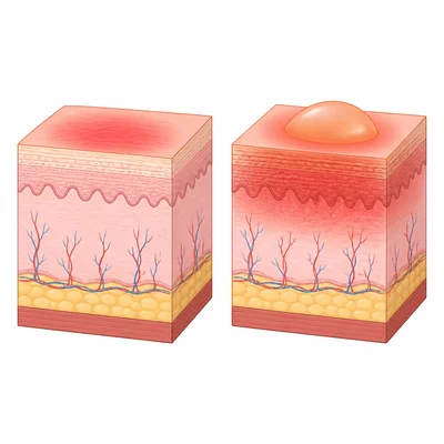 Comparison of a shallow burn and a deeper blistering burn in skin layers.