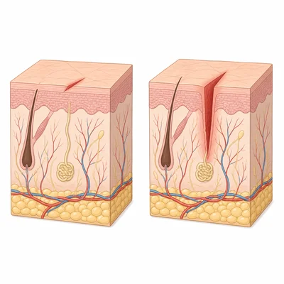 Shallow epidermis scratch compared with deeper dermis damage.