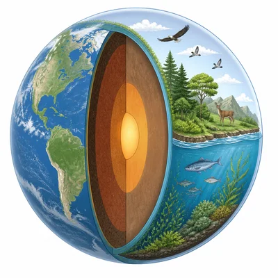 Earth cutaway showing living things in oceans, on land, and in the lower atmosphere.
