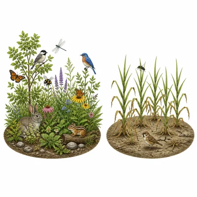 Diverse ecosystem compared with a less diverse ecosystem.