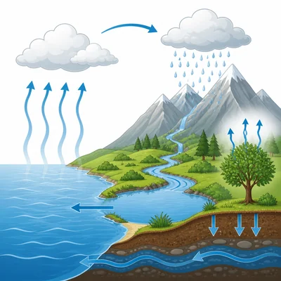 Water cycle showing evaporation, clouds, rain, rivers, groundwater, and plants.