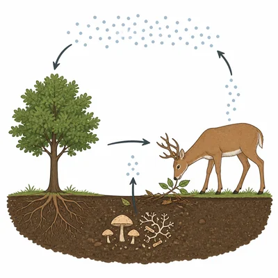 Carbon cycle showing air, plants, animals, breathing, soil, and decomposers.