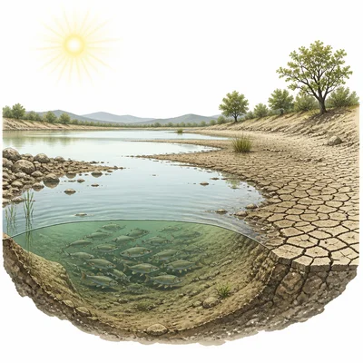 Drought-affected lake with low water, cracked mud, fish, and fewer plants.