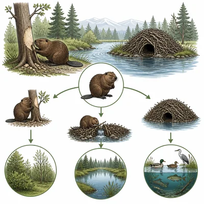 Beaver in stream habitat building a dam and affecting other organisms.