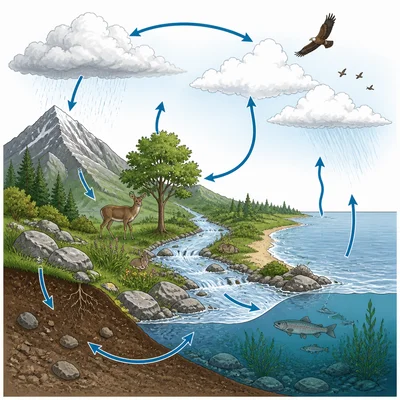 Landscape showing land, water, air, and living things interacting.