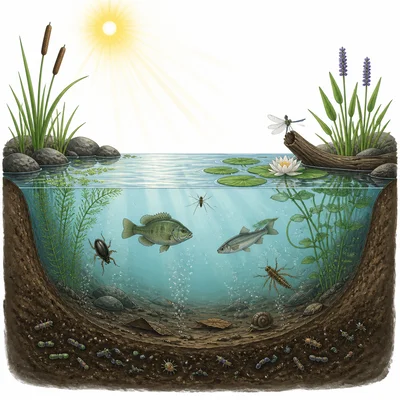 Pond ecosystem with fish, algae, insects, mud, sunlight, water, bubbles, and bacteria.