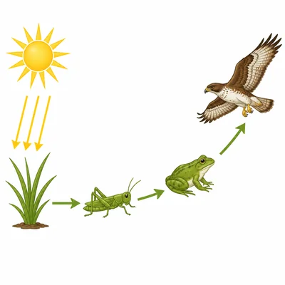 Energy flow from the sun through a plant, grasshopper, frog, and hawk.