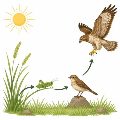 Grassland food chain showing grass, grasshopper, bird, and hawk.
