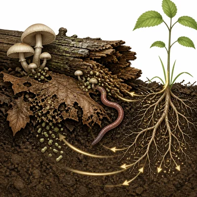 Mushrooms, bacteria, and a worm decomposing leaves and wood in soil.