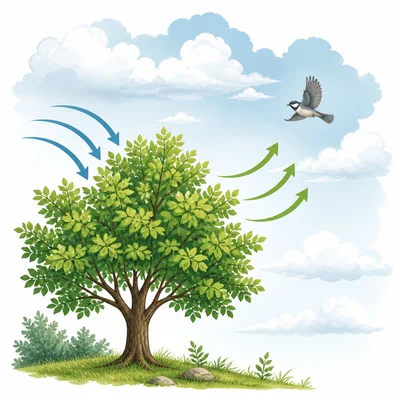 Tree and atmosphere exchanging gases with arrows between leaves and air.