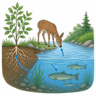 Plants, a deer, and fish interacting with water in a stream ecosystem.