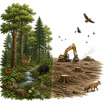 Forest clearing for homes showing habitat loss and animals leaving.
